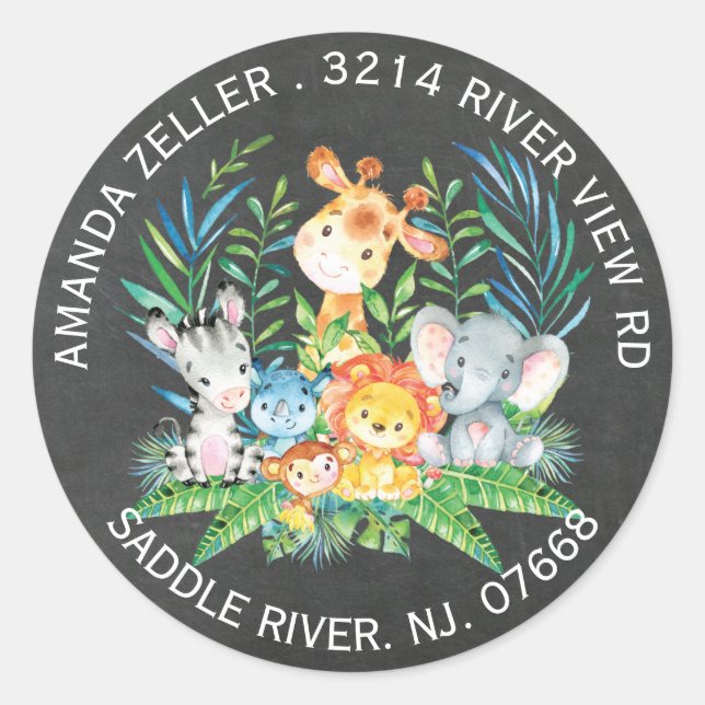 Adesivo Redondo Rótulo de Endereço do Chá de fraldas Selva de Cart (Frente)