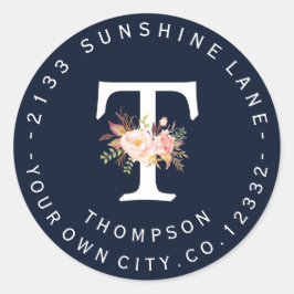 Adesivo Redondo Rótulo de Endereço do Marinho Floral Azul Monogram