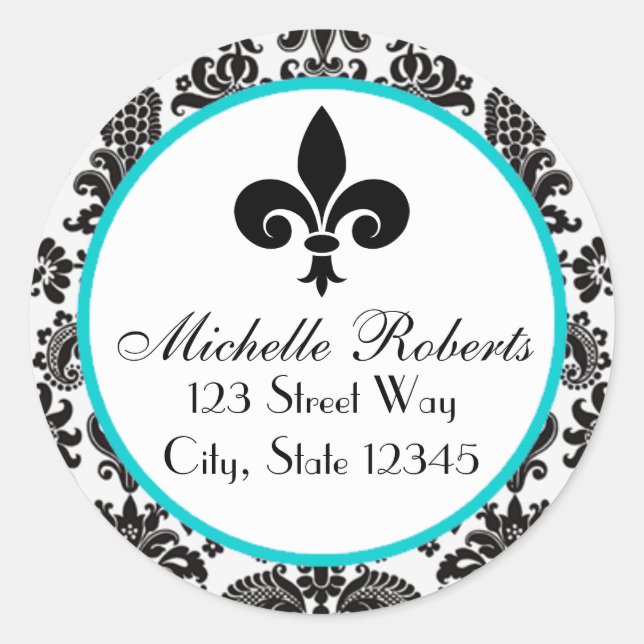 Adesivo Redondo Rótulo de Endereço Fleur De Lys para Damas Pretas  (Frente)
