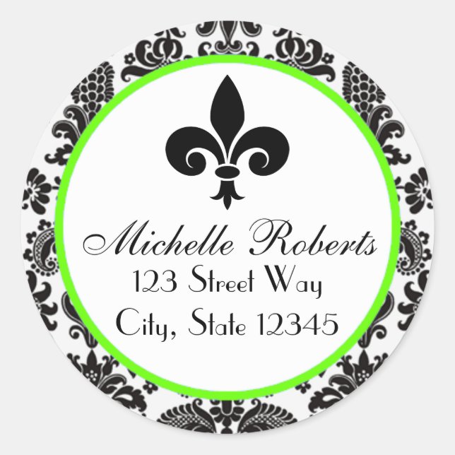 Adesivo Redondo Rótulo de Endereço Fleur De Lys para Damasco Preto (Frente)
