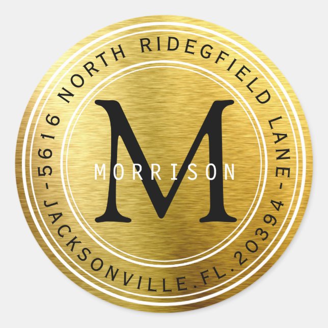 Adesivo Redondo Rótulo de Endereço Monograma em Metálico Dourado (Frente)