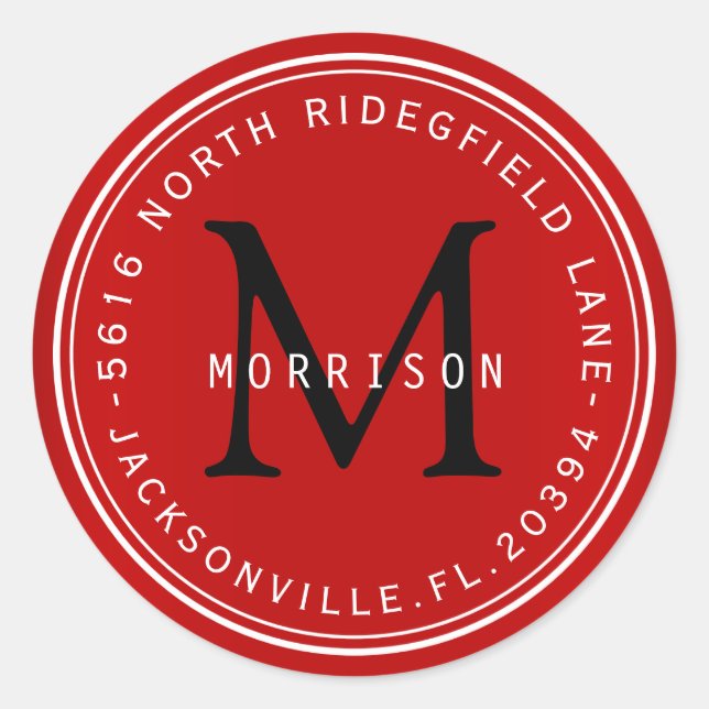 Adesivo Redondo Rótulo de endereço monograma em vermelho escuro (Frente)
