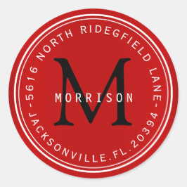 Adesivo Redondo Rótulo de endereço monograma em vermelho escuro