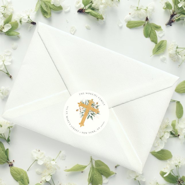 Adesivo Redondo Rótulo de Endereço Simples Dourado da Cruz Verde C (Criador carregado)