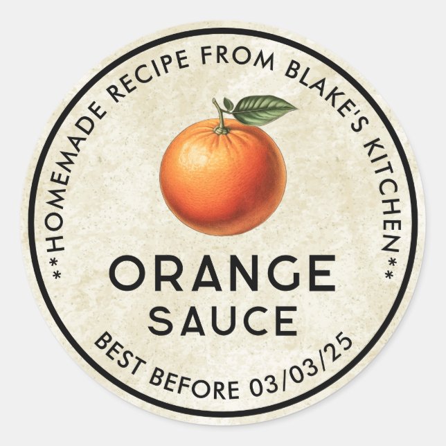 Adesivo Redondo Rótulo de enlatamento de molho de laranja caseiro (Frente)