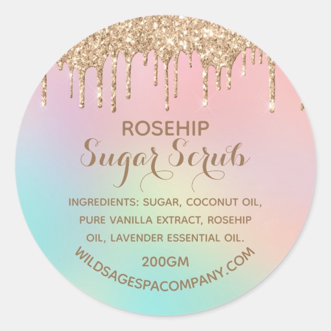 Adesivo Redondo Rótulo de Esfoliante de Açúcar com Glitter Dourado (Frente)