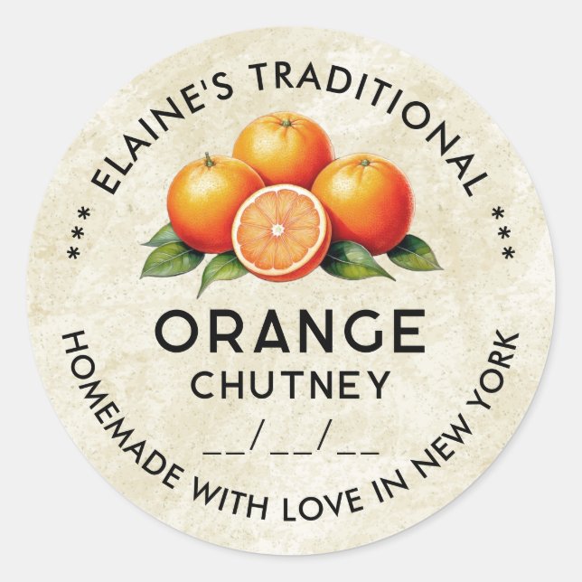 Adesivo Redondo Rótulo de estilo de colheita de chutney laranja ca (Frente)