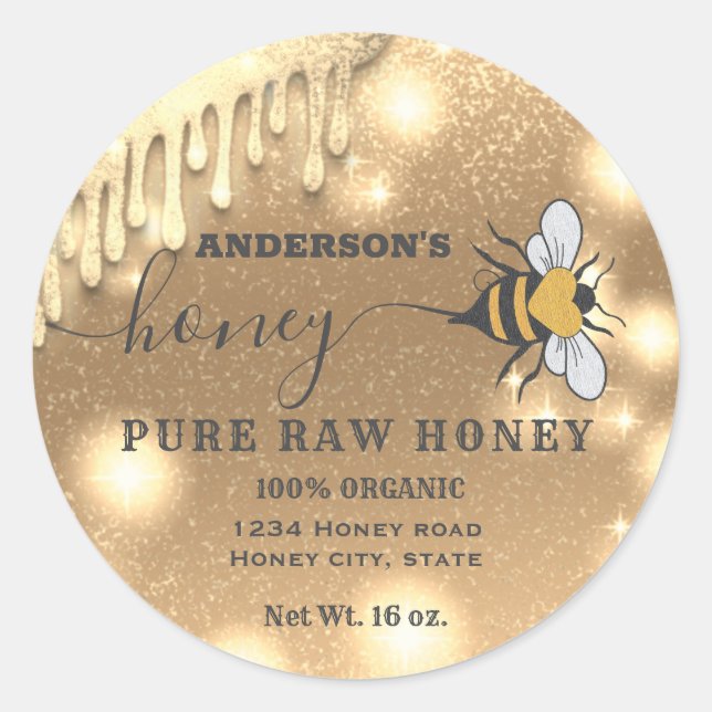 Adesivo Redondo Rótulo de frasco de mel com guião de abelhas (Frente)