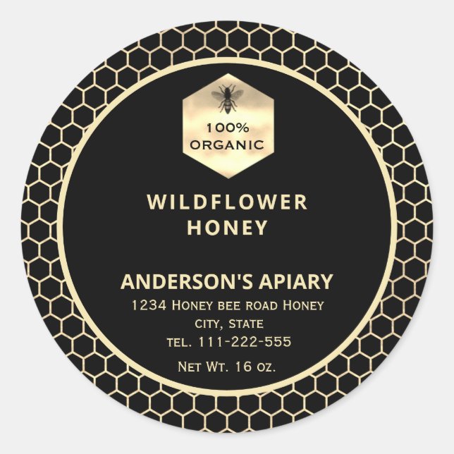 Adesivo Redondo Rótulo de frasco de mel de abelha de ouro moderno (Frente)
