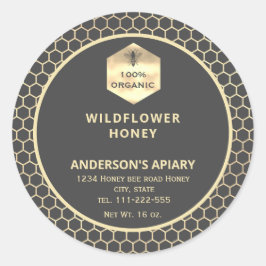 Adesivo Redondo Rótulo de frasco de mel de abelha de ouro moderno
