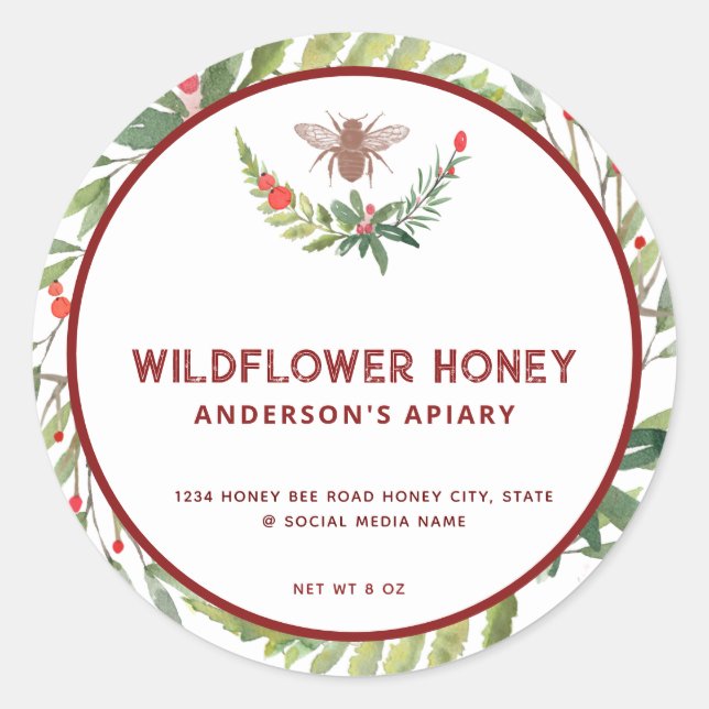Adesivo Redondo Rótulo de frasco de mel de ramo feriado (Frente)