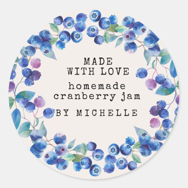 Adesivo Redondo Rótulo de Geléia de Mirtilo com Aquarela para Cons (Frente)