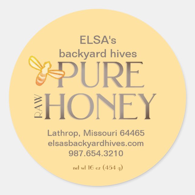 Adesivo Redondo Rótulo de gota de mel amarelo com abelha (Frente)