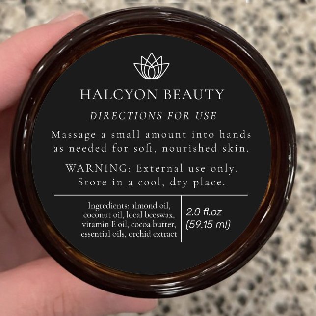 Adesivo Redondo Rótulo de ingrediente de produto de beleza preto (Criador carregado)