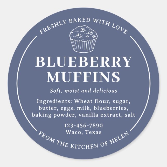 Adesivo Redondo Rótulo de Ingredientes de Muffins de Mirtilo Azul- (Frente)