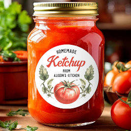 Adesivo Redondo rótulo de ketchup de tomate caseiro aquarela tomat