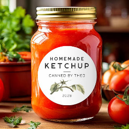 Adesivo Redondo Rótulo de Ketchup de Tomate com folha de tomate em