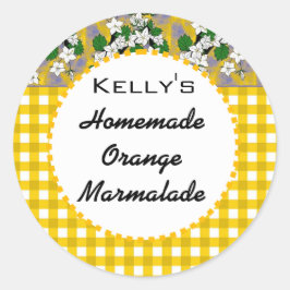 Adesivo Redondo Rótulo de marmelada de laranja floral Gingham
