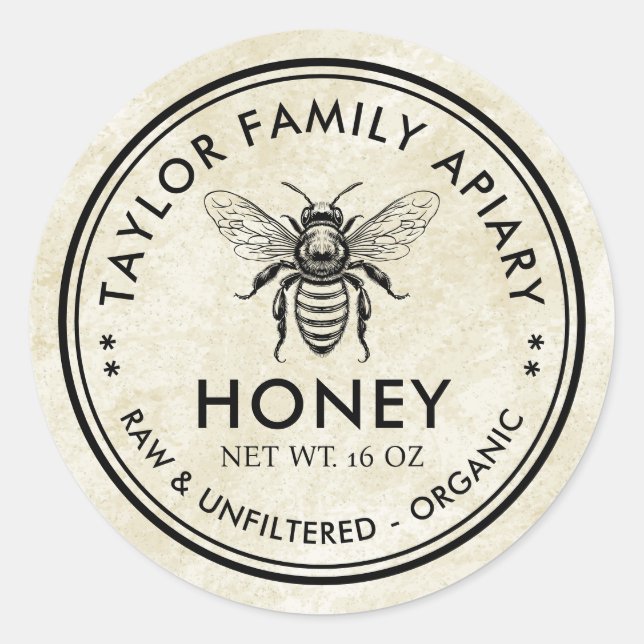 Adesivo Redondo Rótulo de mel com a carne picada e a abelha de mel (Frente)