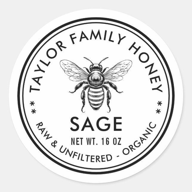 Adesivo Redondo Rótulo de mel com abelha de mel (Frente)