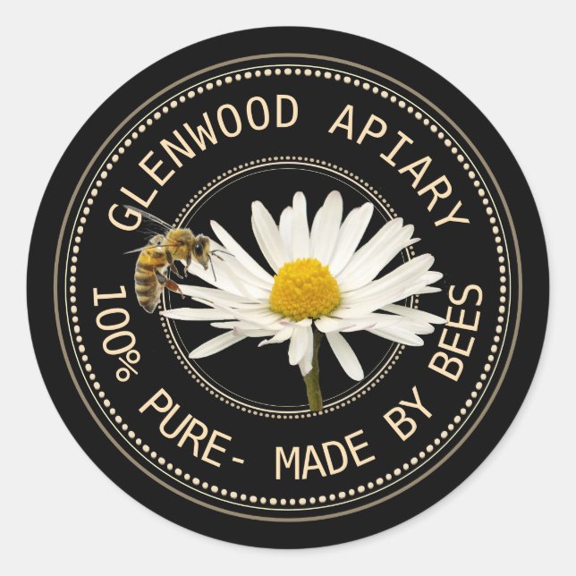 Adesivo Redondo Rótulo de mel com abelhas e margarida em preto (Frente)