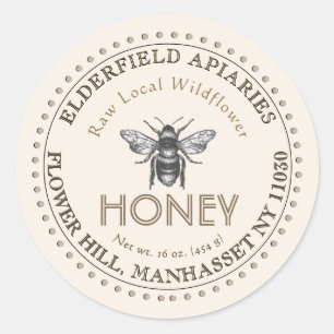 Adesivo Redondo Rótulo de mel com borda pontilhada de mel vintage