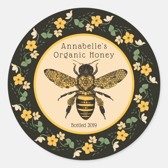 Adesivo Redondo Rótulo de Mel com Frame Amarelo bonito (Frente)
