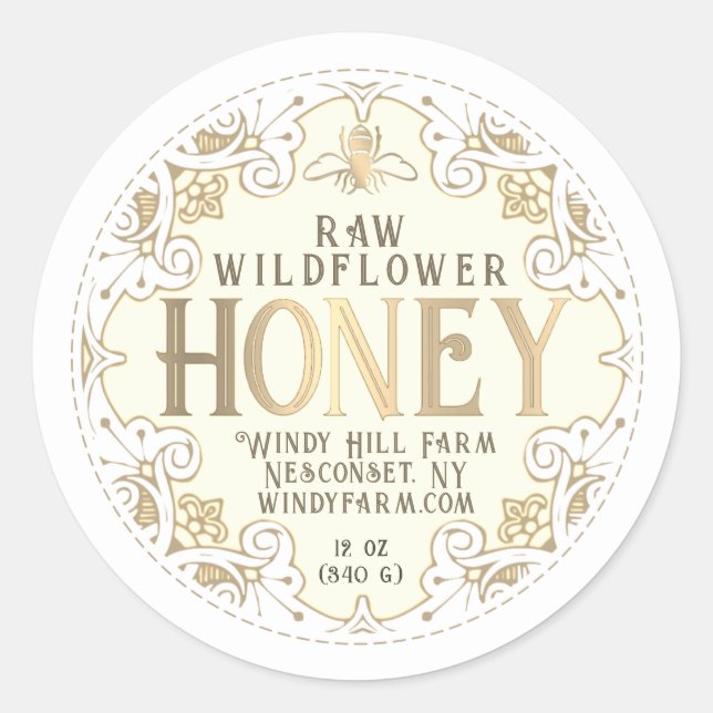 Adesivo Redondo Rótulo de Mel da Abelha de Frame Dourado do orname (Frente)