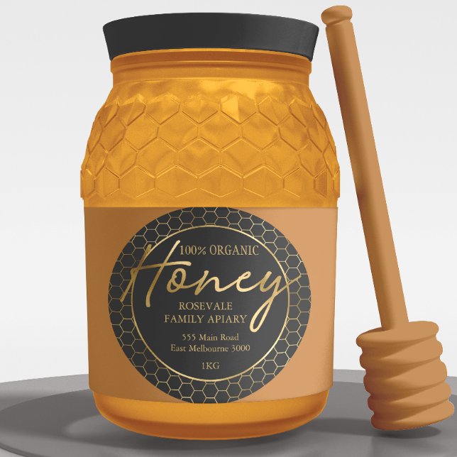 Adesivo Redondo Rótulo de Mel de mel com carvão Dourado moderno (Criador carregado)