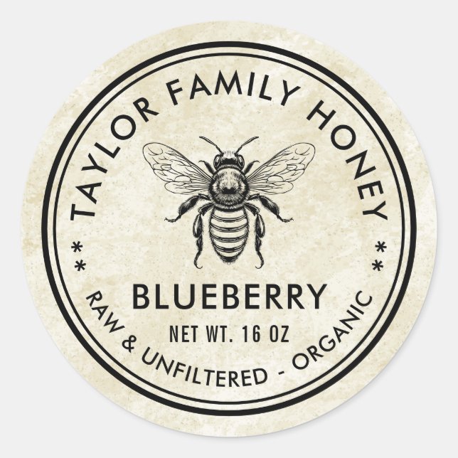 Adesivo Redondo Rótulo de mel de mirtilo com abelha de mel (Frente)