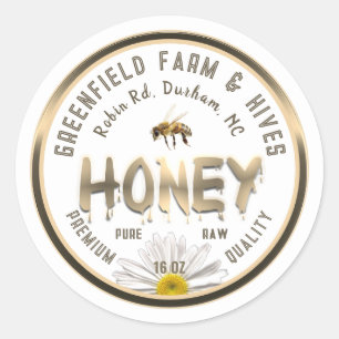 Adesivo Redondo Rótulo de Mel Dourado Metálico Flor Daisy