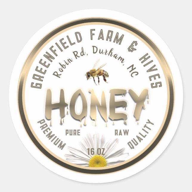 Adesivo Redondo Rótulo de Mel Dourado Metálico Flor Daisy (Frente)