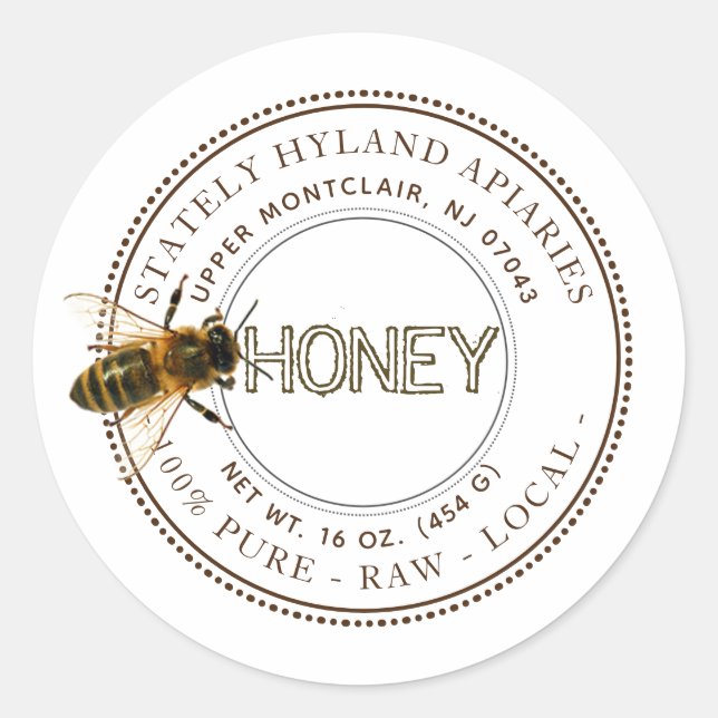 Adesivo Redondo Rótulo de Mel Editável de Abelhas Curiosa (Branco) (Frente)