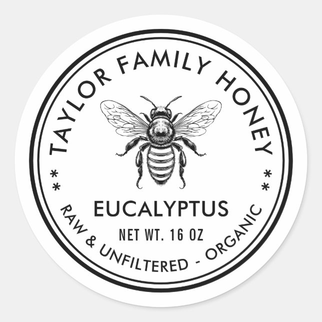 Adesivo Redondo Rótulo de mel Eucalyptus com abelha de mel (Frente)