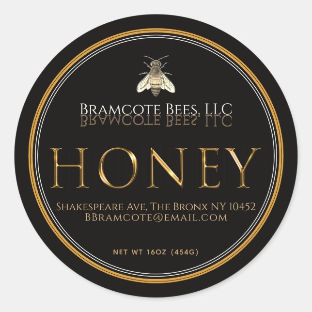 Adesivo Redondo Rótulo de Mel Preto: Abelhas Douradas Metálicas (Frente)