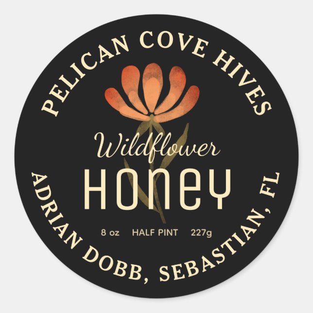 Adesivo Redondo Rótulo de Mel Preto Aquarela Floral (Frente)