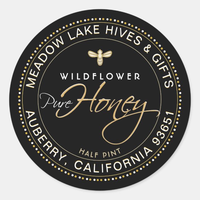 Adesivo Redondo Rótulo de Mel Preto redondo - borda Dourada (Frente)