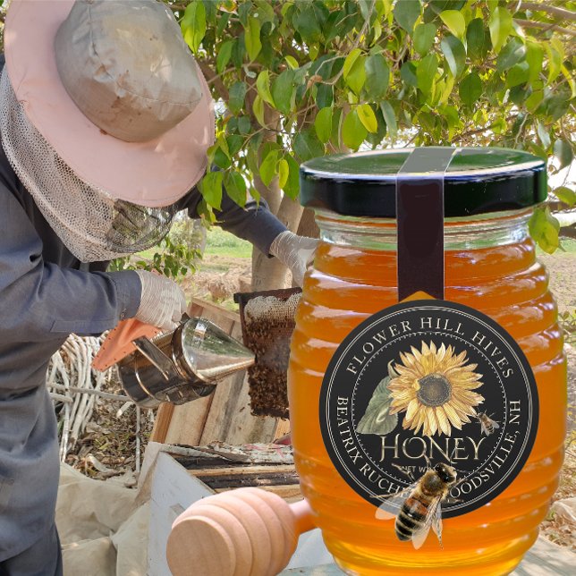 Adesivo Redondo Rótulo de Mel Preto, Texto Dourado para Girassol e (Criador carregado)