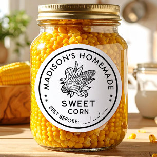 Adesivo Redondo Rótulo de milho doce com ícone de espiga preto e b