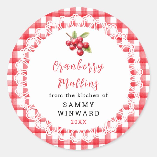 Adesivo Redondo Rótulo de Muffin Caseiro de Cranberry (Frente)