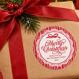 Adesivo Redondo Rótulo de Natal Alegre com Listras e Laço Vermelho