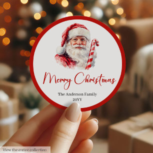 Adesivo Redondo Rótulo de Natal em Aquarela do Papai Noel Clássico