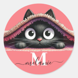 Adesivo Redondo Rótulo de Nome Monograma de Meninas do Kitten Peek