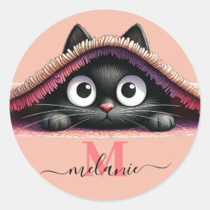 Adesivo Redondo Rótulo de Nome Monograma Meninas Script Gatinho Pe