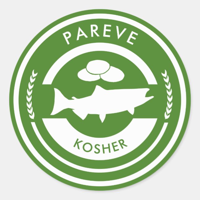 Adesivo Redondo Rótulo de Pareve Verde e Branco - Peixe Kosher (Frente)