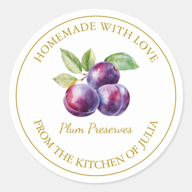 Adesivo Redondo Rótulo de Preserva de Plum Homemade Dourada | Bran (Frente)