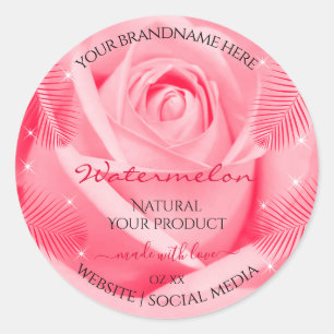 Adesivo Redondo Rótulo de Produto Floral Rosa Rosa Rosa e Folhas d