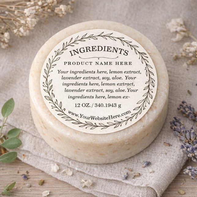 Adesivo Redondo Rótulo de Produto Ingredientes da Coroa Botânica (Botanical Wreath Ingredients Product Label)