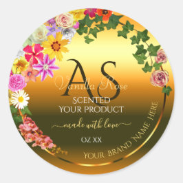 Adesivo Redondo Rótulo de produto laranja Flores e iniciais colori