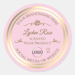 Adesivo Redondo Rótulo de Produto Rosa Pastel com Moldura e Logoti